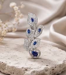 Designer silver-toned blue sapphire leaf brooch pin with cubic zirconia 