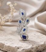 Designer silver-toned blue sapphire leaf brooch pin with cubic zirconia 