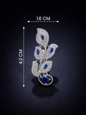 Designer silver-toned blue sapphire leaf brooch pin with cubic zirconia  3