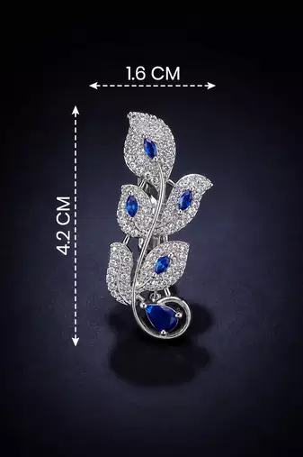 Designer silver-toned blue sapphire leaf brooch pin with cubic zirconia 