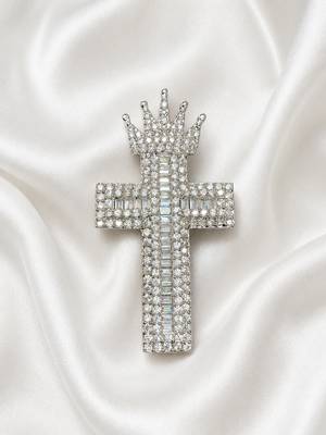 Designer silver-toned crown cross brooch pin with premium white 1