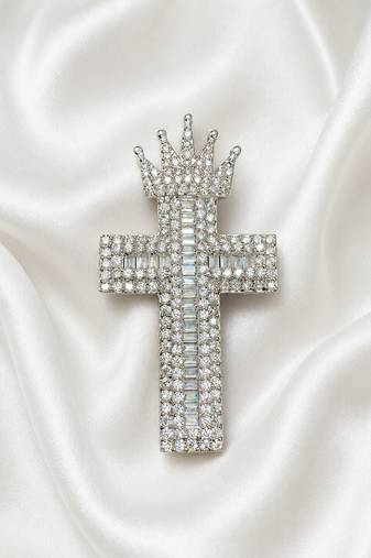 Designer silver-toned crown cross brooch pin with premium white