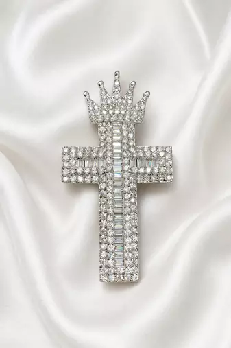 Designer silver-toned crown cross brooch pin with premium white