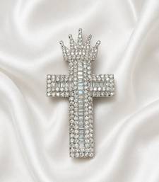 Designer silver-toned crown cross brooch pin with premium white