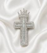 Designer silver-toned crown cross brooch pin with premium white