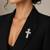 Designer silver-toned crown cross brooch pin with premium white