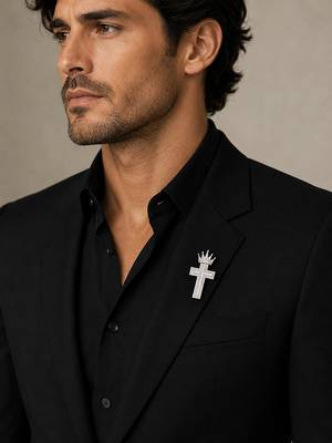 Designer silver-toned crown cross brooch pin with premium white 3
