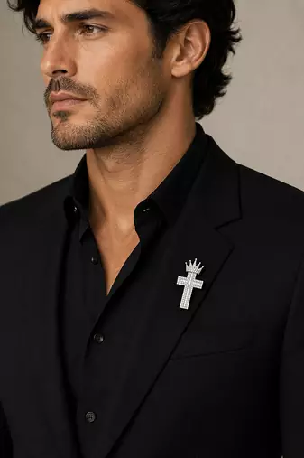 Designer silver-toned crown cross brooch pin with premium white