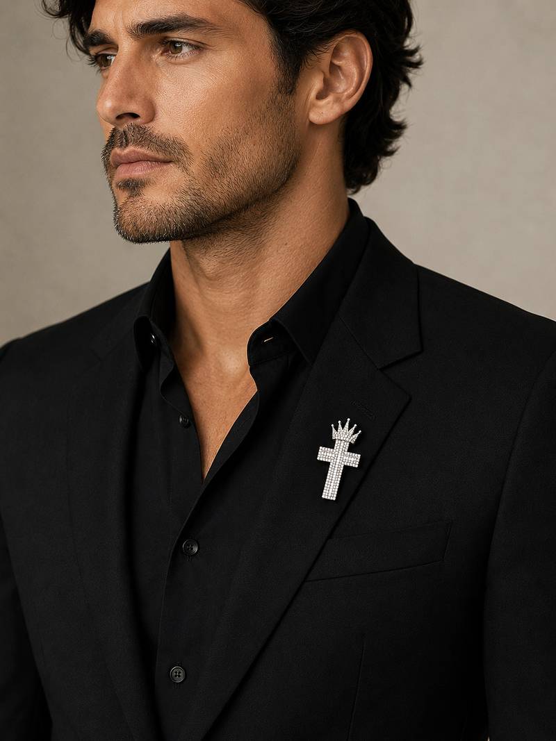 Designer silver-toned crown cross brooch pin with premium white