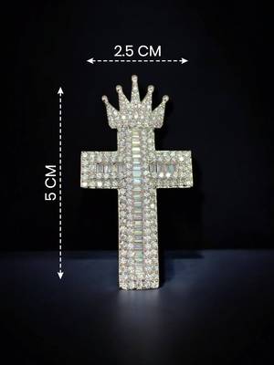 Designer silver-toned crown cross brooch pin with premium white 4