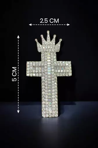 Designer silver-toned crown cross brooch pin with premium white