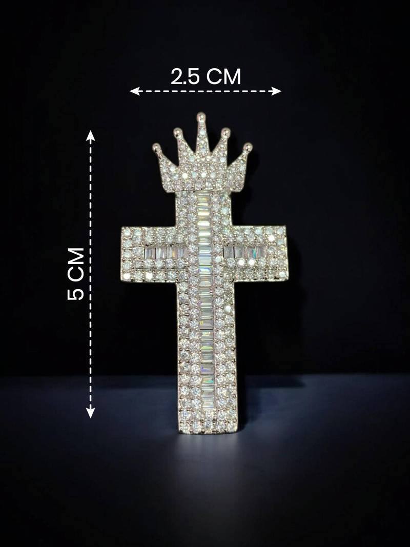 Designer silver-toned crown cross brooch pin with premium white
