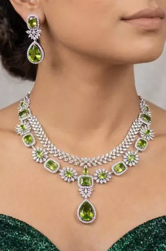 emerald green bridal jewellery set | silver-plated necklace, earrings, maangtika