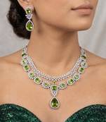 emerald green bridal jewellery set  silver-plated necklace, earrings, maangtika