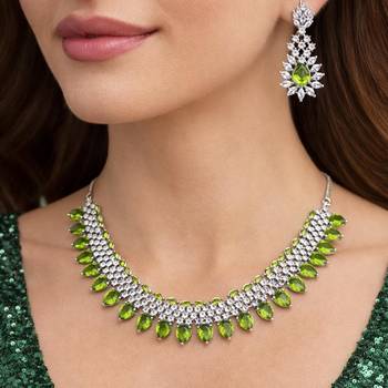 peridot green pear cut necklace earrings set, silver tone floral bridal jewellery choker 1