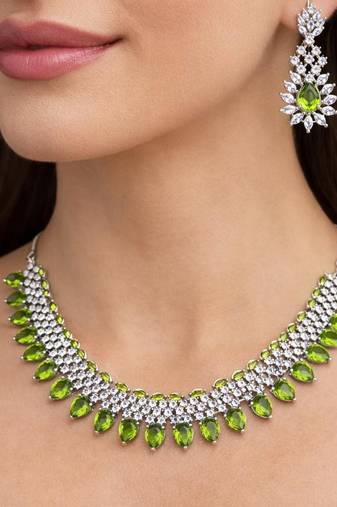 peridot green pear cut necklace earrings set, silver tone floral bridal jewellery choker