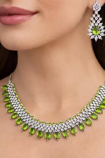 peridot green pear cut necklace earrings set, silver tone floral bridal jewellery choker