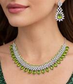 peridot green pear cut necklace earrings set, silver tone floral bridal jewellery choker