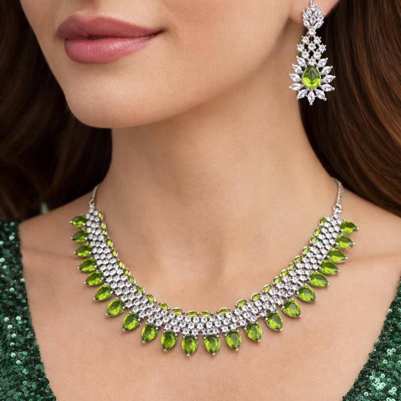 peridot green pear cut necklace earrings set, silver tone floral bridal jewellery choker