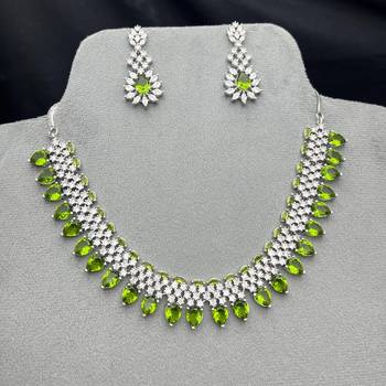 peridot green pear cut necklace earrings set, silver tone floral bridal jewellery choker 3