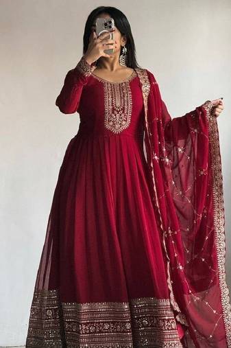 Wine fox georgette embroidered sequins gown with dupatta