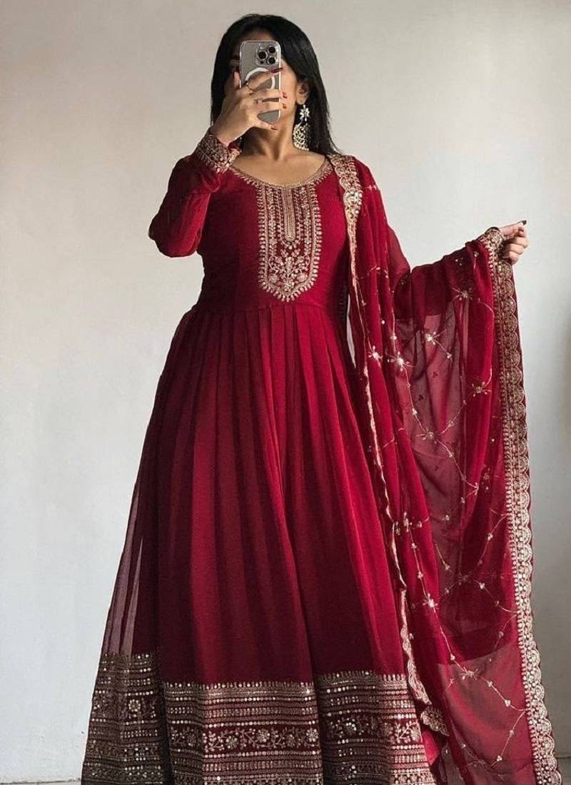 Wine fox georgette embroidered sequins gown with dupatta