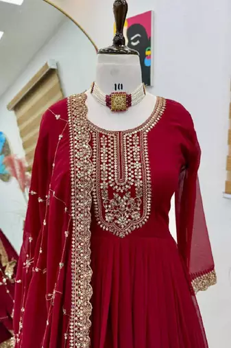 Wine fox georgette embroidered sequins gown with dupatta