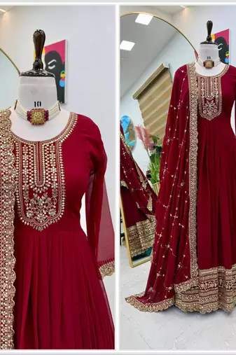 Wine fox georgette embroidered sequins gown with dupatta