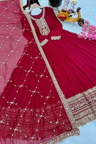 Wine fox georgette embroidered sequins gown with dupatta