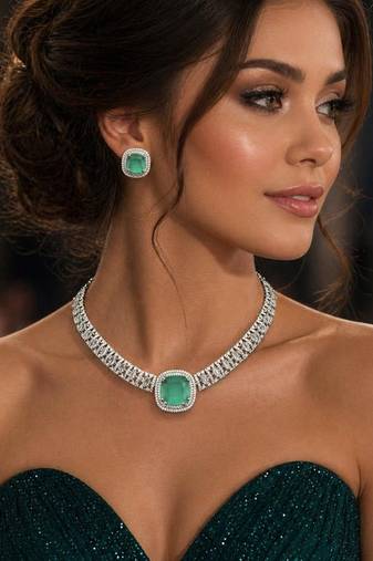 mint green emerald cut cz bridal jewellery set, silver choker necklace, stud earrings