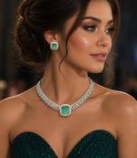 mint green emerald cut cz bridal jewellery set, silver choker necklace, stud earrings