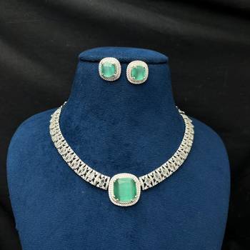 mint green emerald cut cz bridal jewellery set, silver choker necklace, stud earrings 2