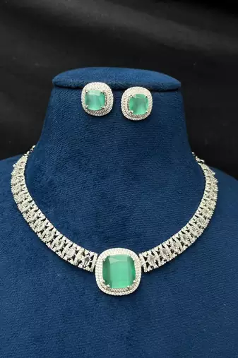 mint green emerald cut cz bridal jewellery set, silver choker necklace, stud earrings