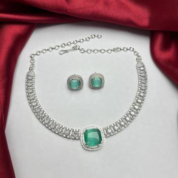 mint green emerald cut cz bridal jewellery set, silver choker necklace, stud earrings 3