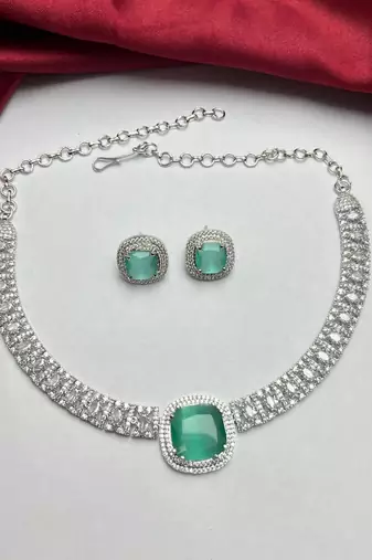 mint green emerald cut cz bridal jewellery set, silver choker necklace, stud earrings