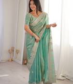 Vibrant firozy festival saree with traditional silver zari embroidery and blouse material
