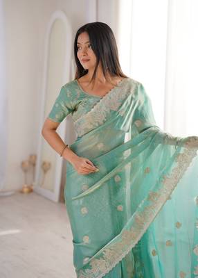 Vibrant firozy festival saree with traditional silver zari embroidery and blouse material 2
