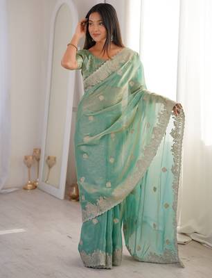 Vibrant firozy festival saree with traditional silver zari embroidery and blouse material 3