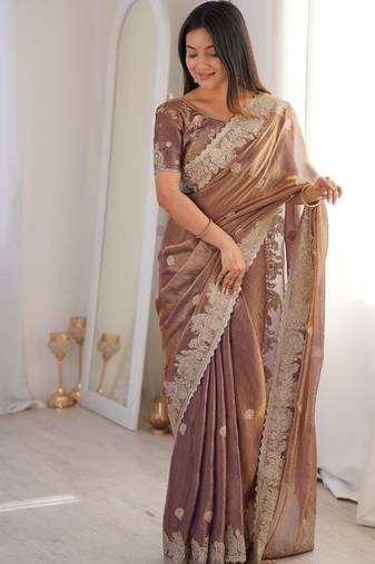 Vibrant purple  festival saree with traditional silver zari embroidery and blouse material