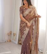 Vibrant purple  festival saree with traditional silver zari embroidery and blouse material