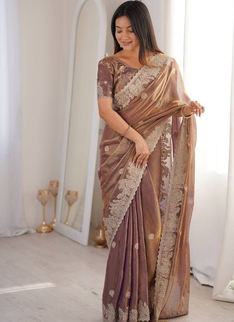 Vibrant purple  festival saree with traditional silver zari embroidery and blouse material