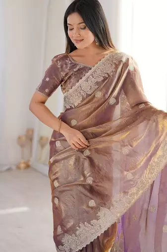 Vibrant purple  festival saree with traditional silver zari embroidery and blouse material