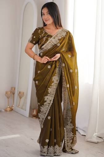 Vibrant mehendi festival saree with traditional silver zari embroidery and blouse material