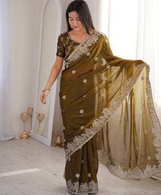 Vibrant mehendi festival saree with traditional silver zari embroidery and blouse material 2