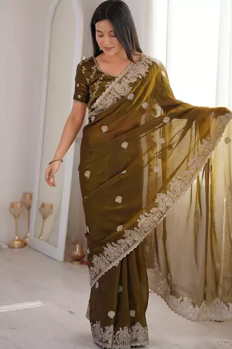 Vibrant mehendi festival saree with traditional silver zari embroidery and blouse material