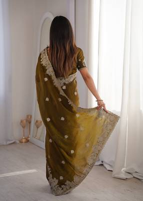 Vibrant mehendi festival saree with traditional silver zari embroidery and blouse material 3