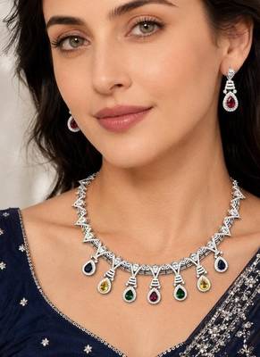 multi-gemstone teardrop statement necklace and earring set, silver-tone bridal prom jewellery 1