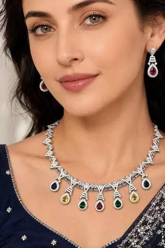 multi-gemstone teardrop statement necklace and earring set, silver-tone bridal prom jewellery