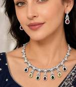 multi-gemstone teardrop statement necklace and earring set, silver-tone bridal prom jewellery