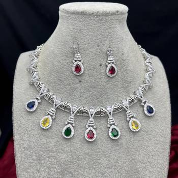 multi-gemstone teardrop statement necklace and earring set, silver-tone bridal prom jewellery 2